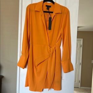 Orange Asymmetrical Wrap Dress with Notched Collar Sz M